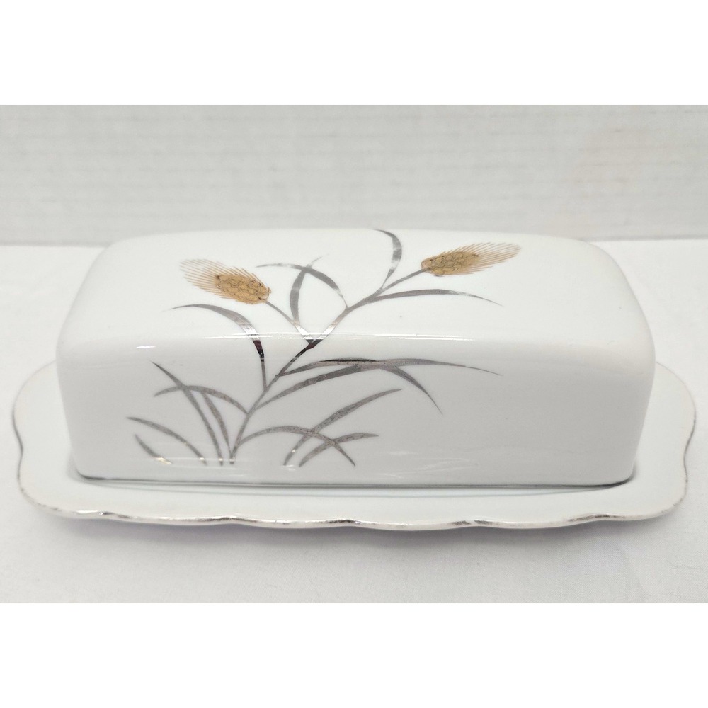 Vtg Lipper & Mann Fine China Covered Butter Dish Gold & Silver Wheat Pattern MCM